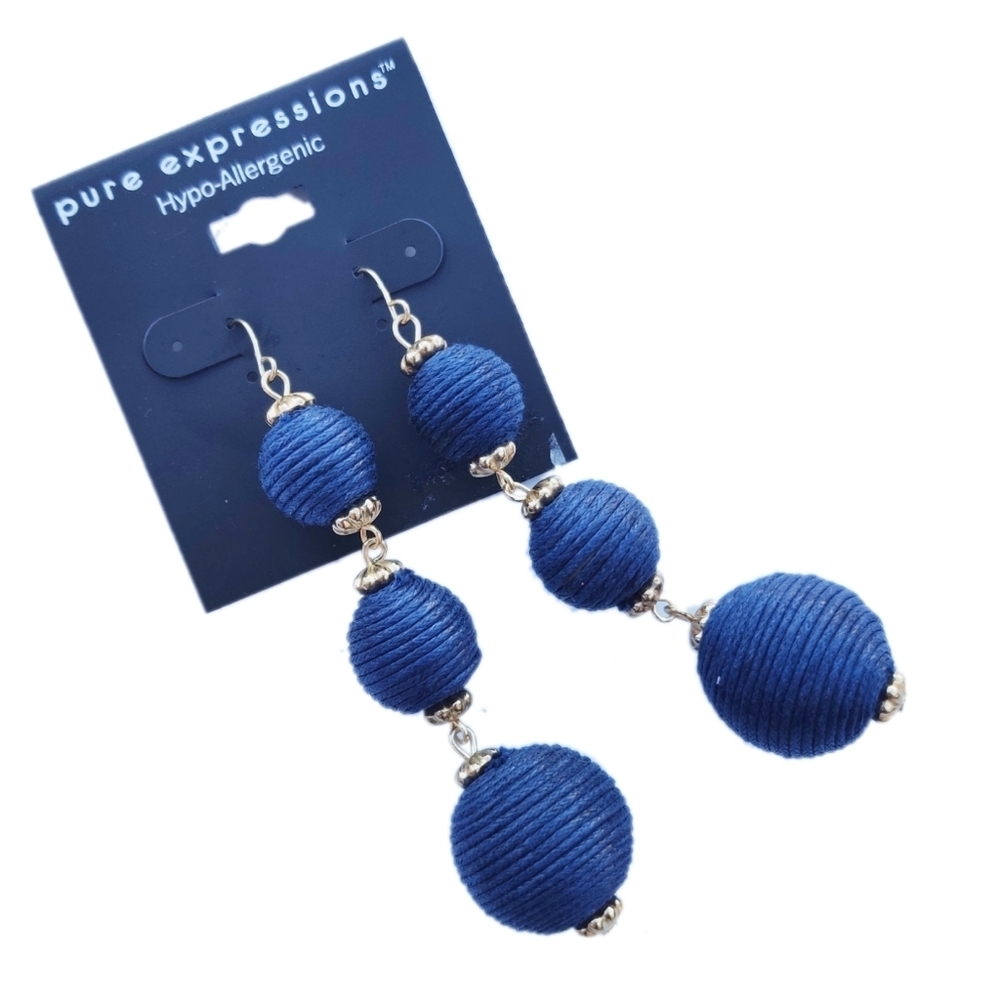 Nautical Blue Aster Multi Ball Drop Earrings 2.5" - Picture 1 of 2
